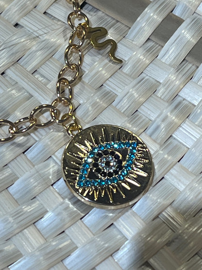 Mystic Bow & Evil Eye T-Bar Charm Bracelet – Gold
