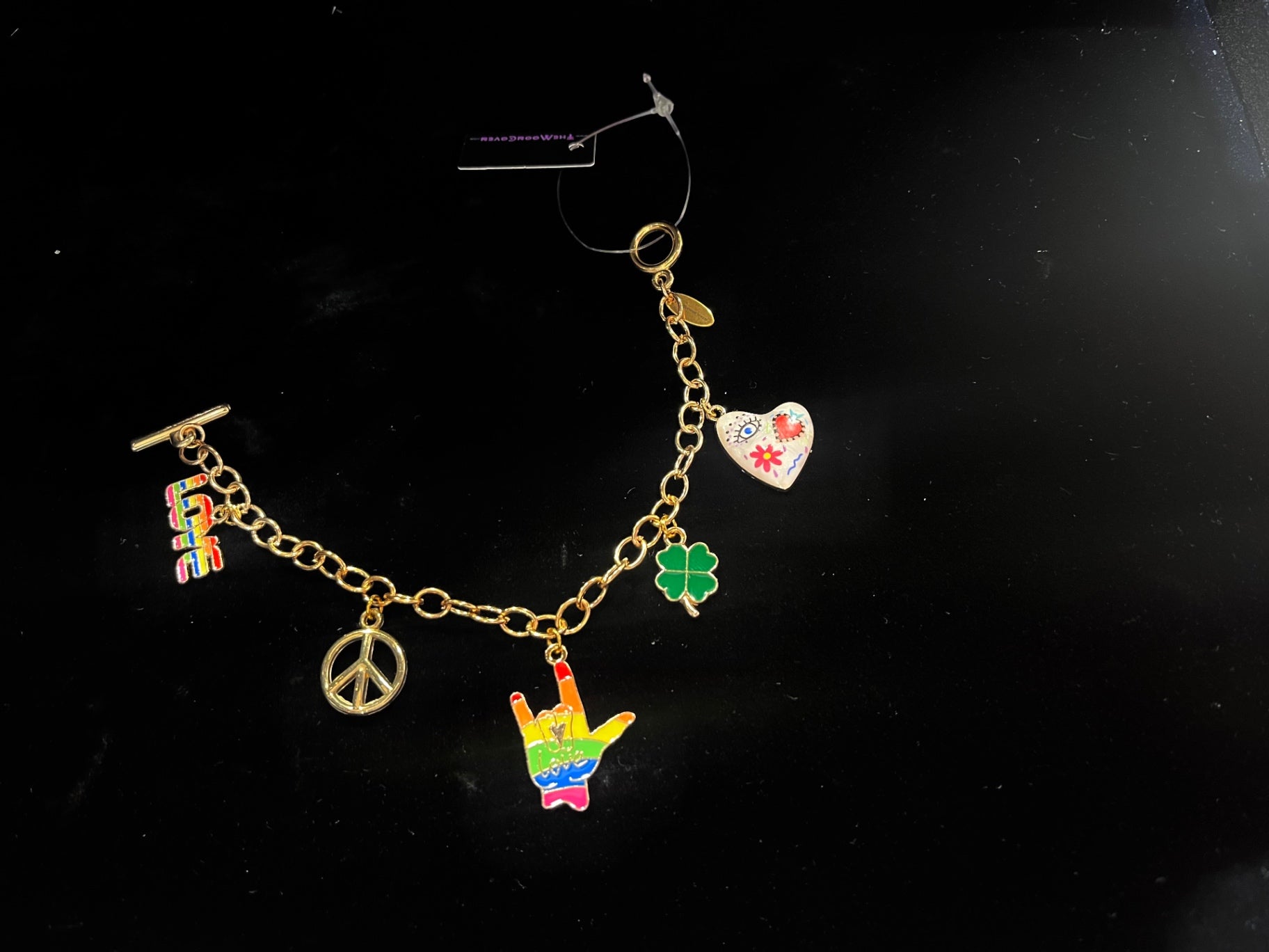 Love Wins Rainbow Charm Bracelet – Gold T-Bar