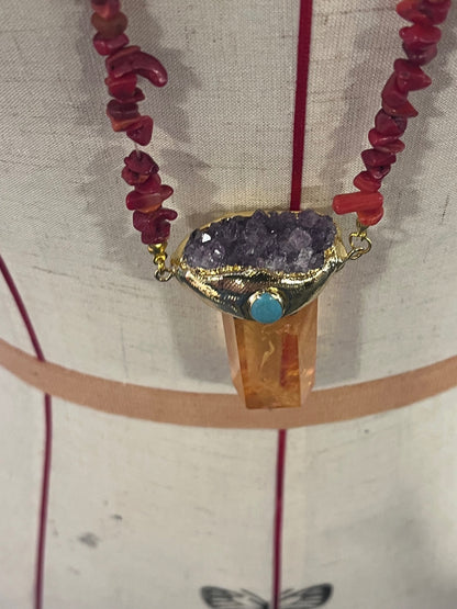 Solar Flame Amulet – Bali Edition | Aura Quartz, Amethyst & Red Coral Necklace