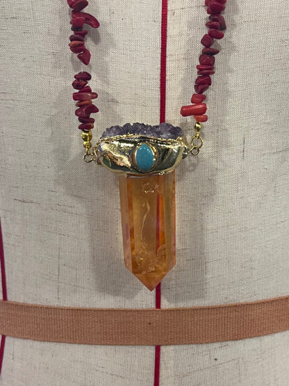 Solar Flame Amulet – Bali Edition | Aura Quartz, Amethyst & Red Coral Necklace