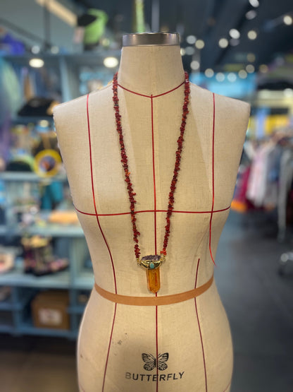 Solar Flame Amulet – Bali Edition | Aura Quartz, Amethyst & Red Coral Necklace