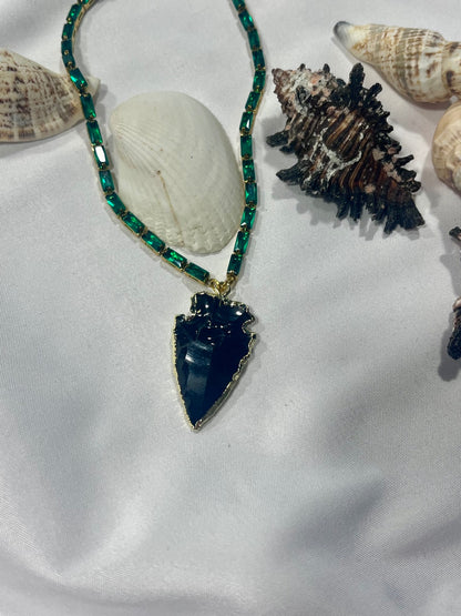 Obsidian Arrow Shield Pendant – Emerald Green Zirconia Necklace