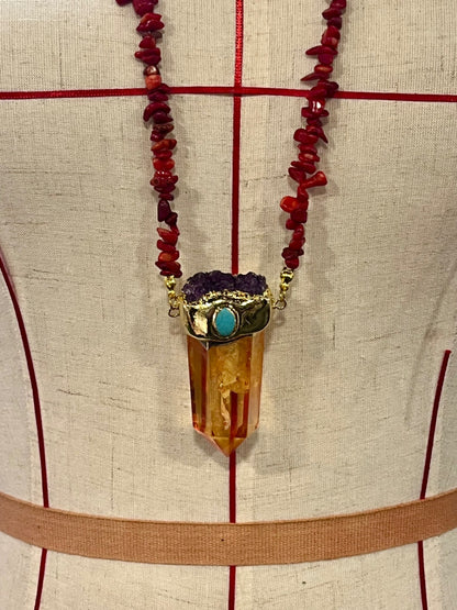 Solar Flame Amulet – Bali Edition | Aura Quartz, Amethyst & Red Coral Necklace