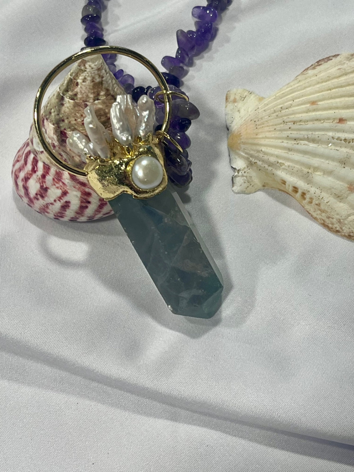 Ocean Priestess Necklace – Bali Edition | Fluorite, Pearl & Coral Talisman