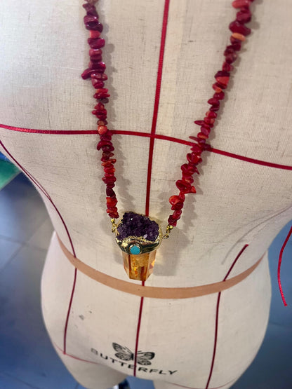 Solar Flame Amulet – Bali Edition | Aura Quartz, Amethyst & Red Coral Necklace