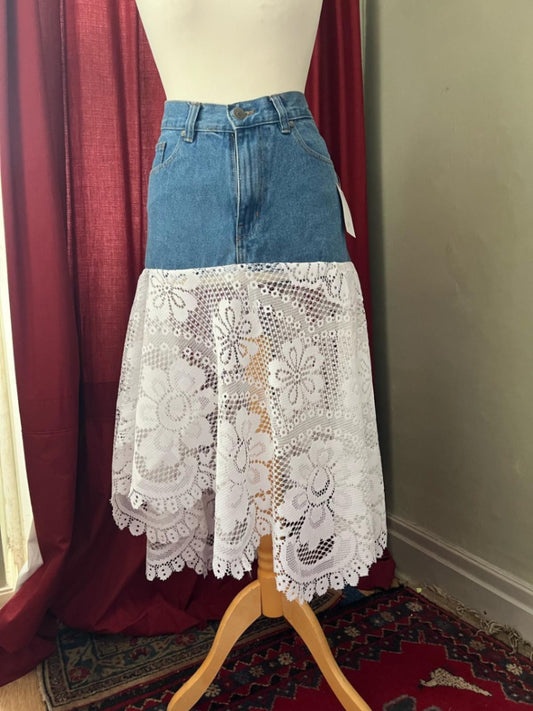 Denim Sheer Lace Long Skirt
