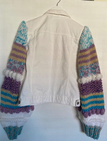 White Jean Jacket With Multi Coloured hand knit sleeves