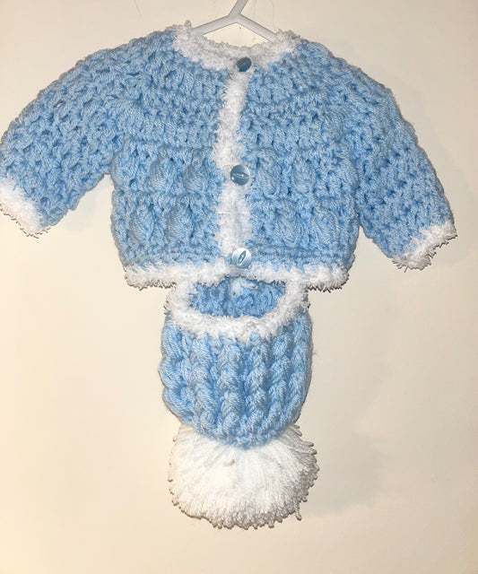 0-3m Boys Blue Knitted Cardigan With Matching Hat