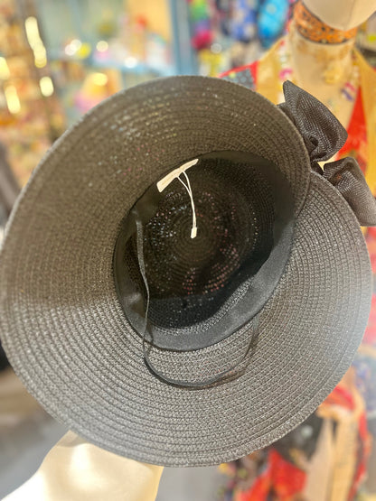 🖤 “Shadow Belle” Wide-Brim Hat Elegant Bow | Adjustable Fit | Lightweight Black Weave