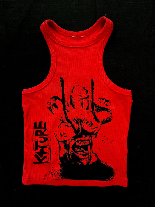 K4TURE ‘stop staring at my breasts!’ red racer crop top