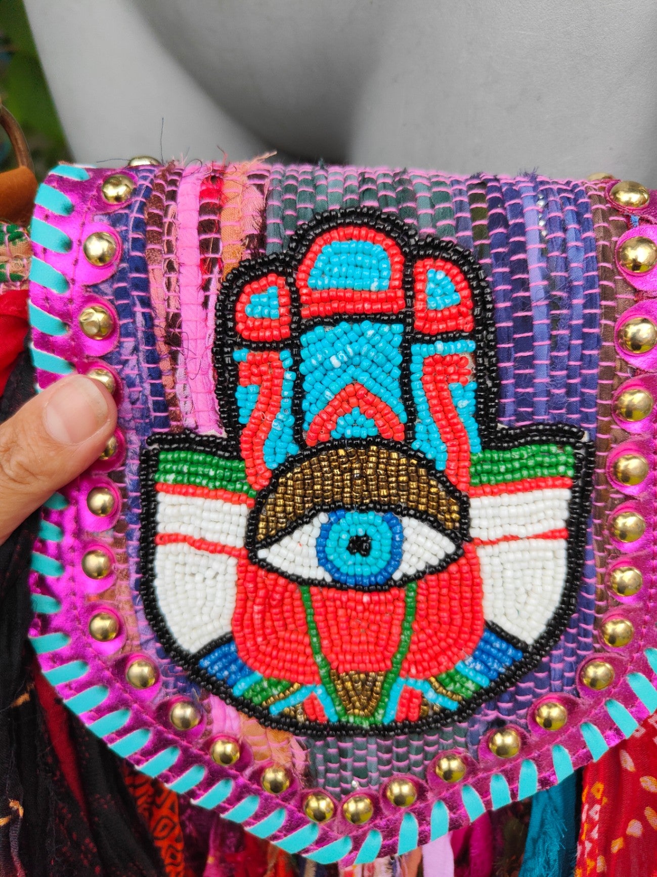 Frill sari mini cross body bag -hamsa hand detail