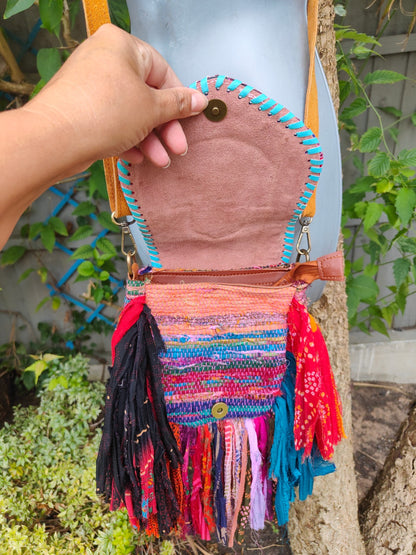 Frill sari mini cross body bag -hamsa hand detail