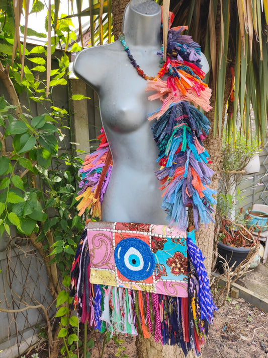 Frill sari cross body bag -evil eye protection 