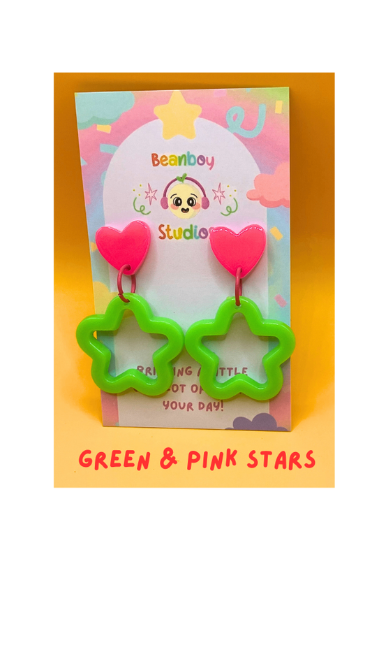 Green & Pink Star Earrings