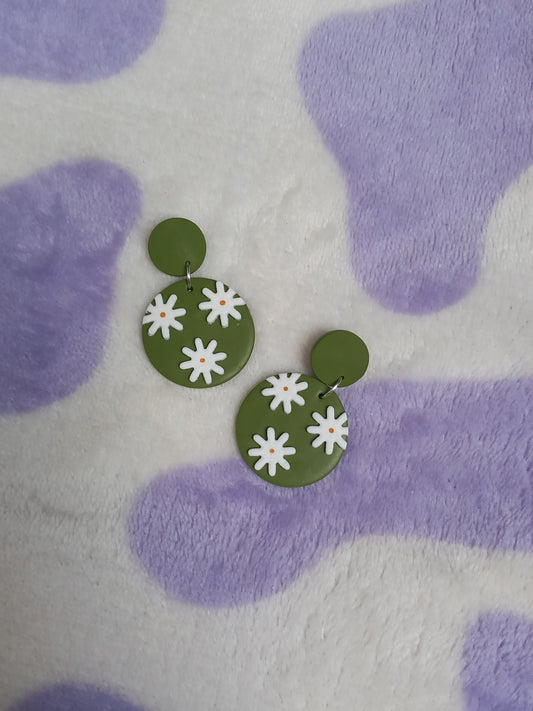 Polymer clay daisy dangle earrings - olive