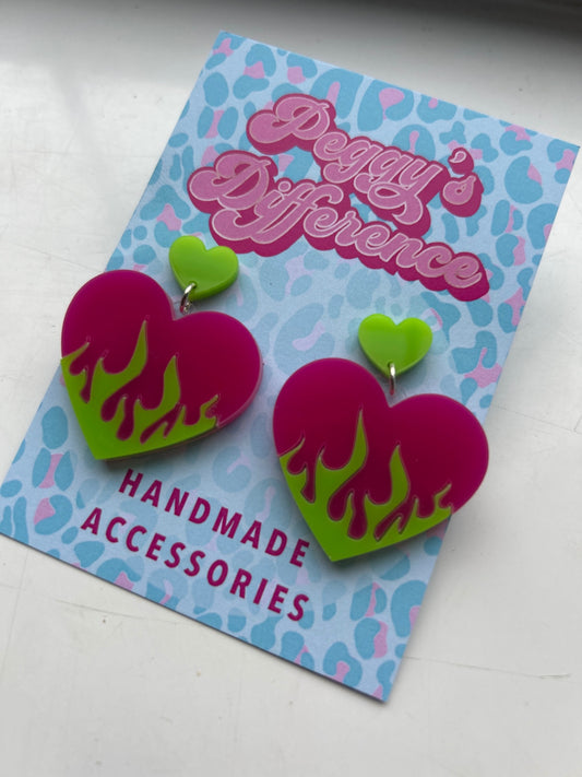 Pink and Green Flame Emo Hearts