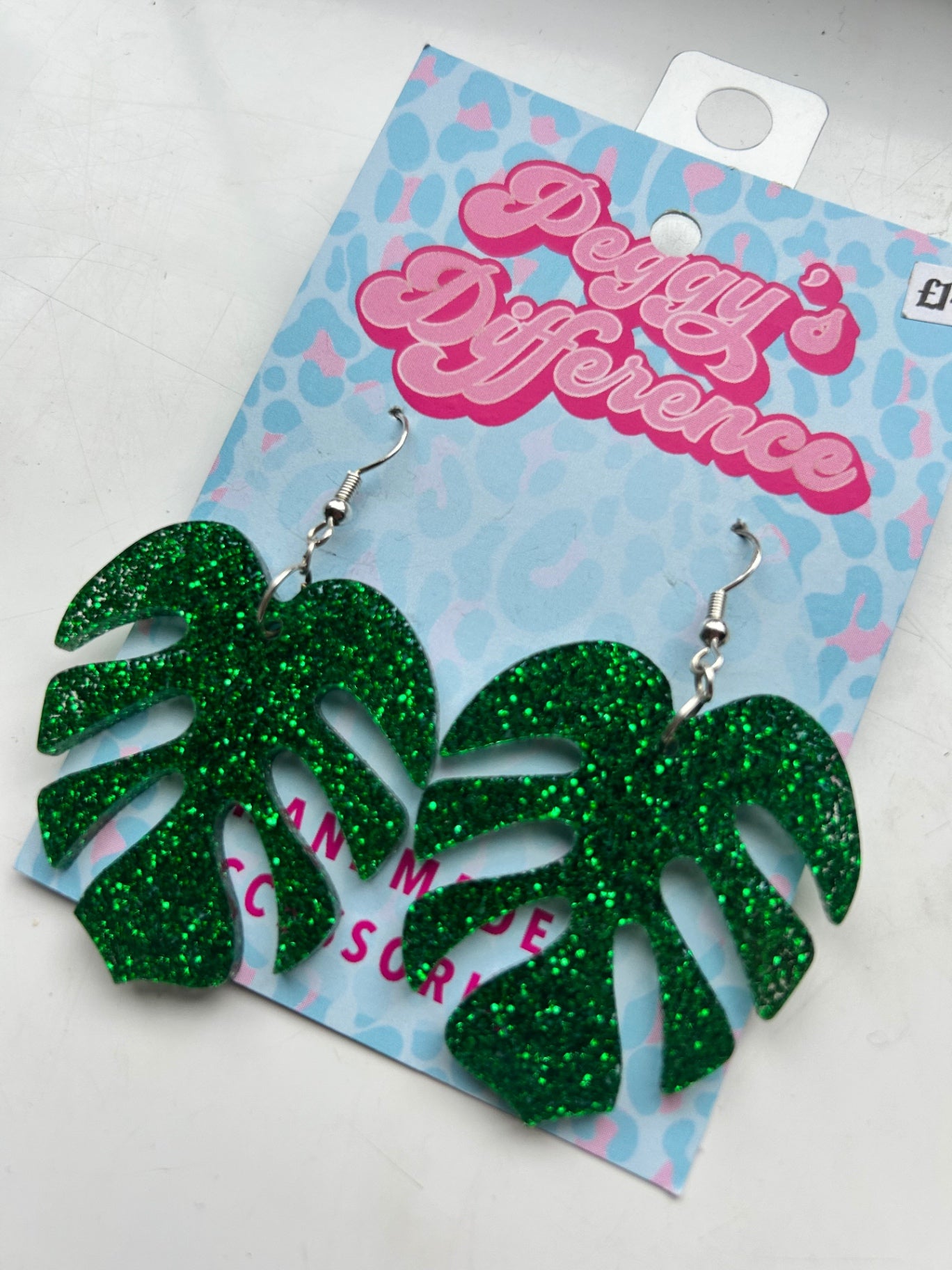 Monstera Green Glitter Leaf Earrings