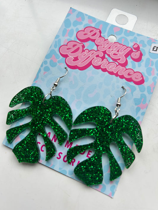 Monstera Green Glitter Leaf Earrings