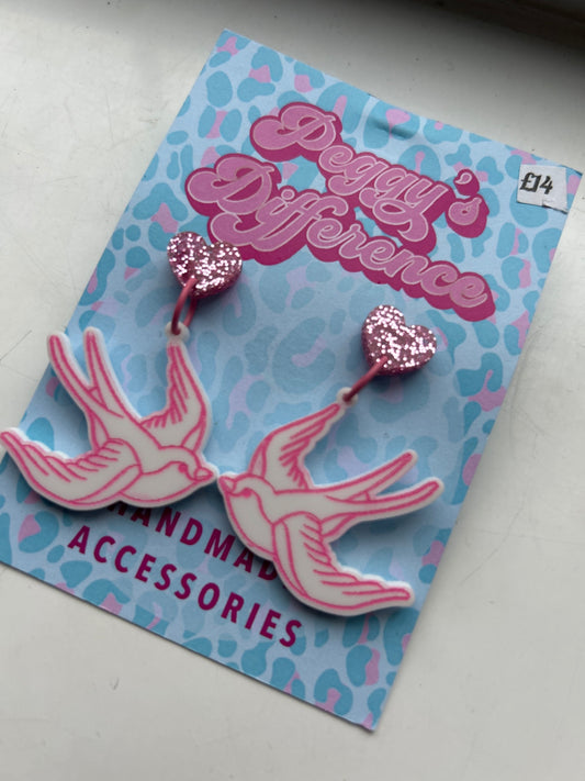 Pink and white swallow earrings