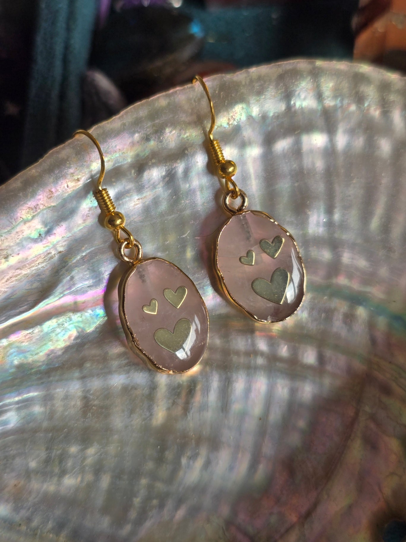 Rose quartz oval heart earrings 