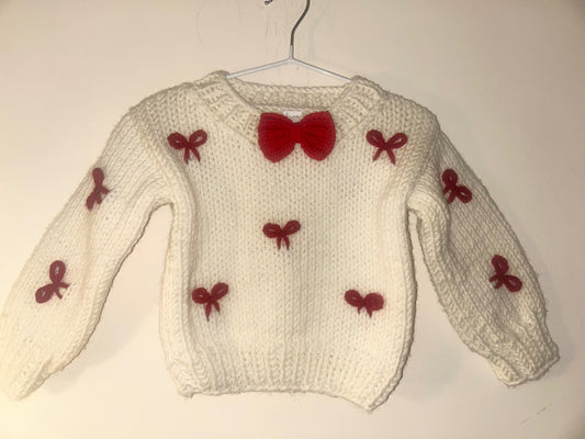 6-12m Cream With Red Bows Handmade Sweater