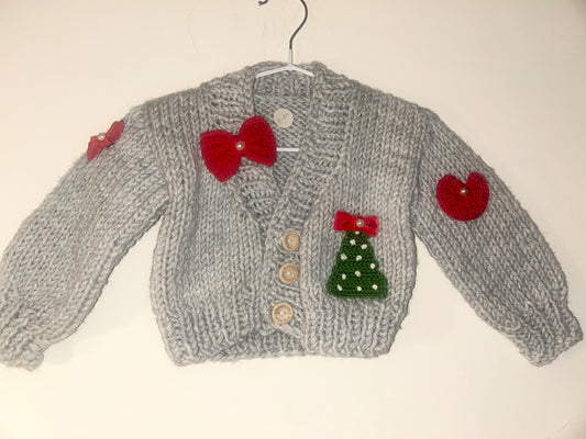 0-6m Grey Handmade Cardigan With Christmas Details