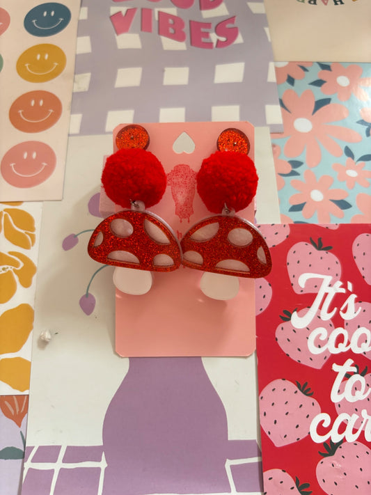 Red Mushroom Pom Pom Stack Earrings