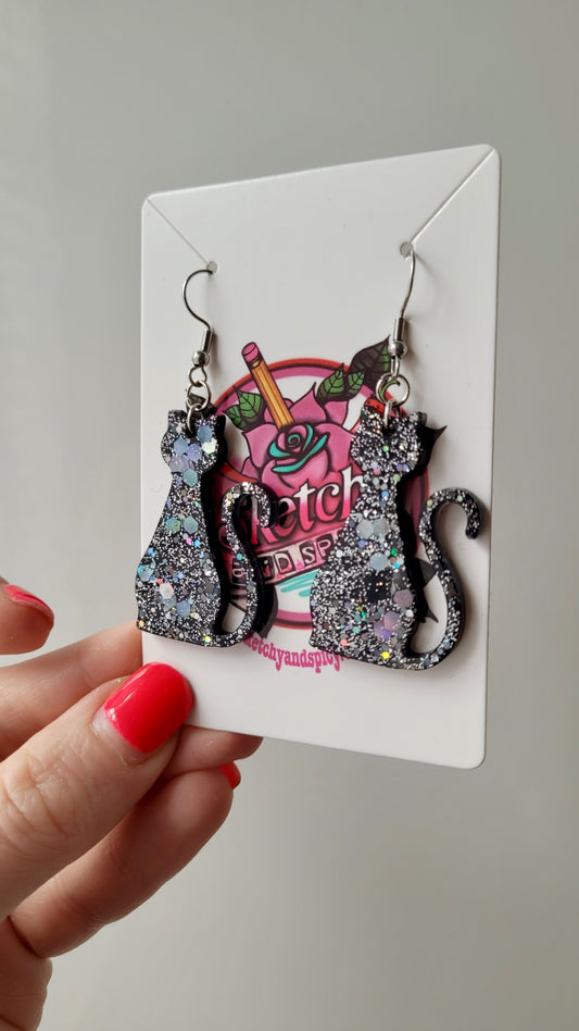 Glitter Black Cat Earrings – Handmade Resin with Stainless Steel Hooks | Sketchy & Spicy