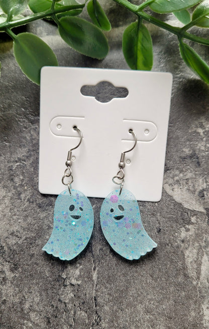Pastel Blue Glitter Ghost Earrings – Handmade Resin with Sparkle | Sketchy & Spicy
