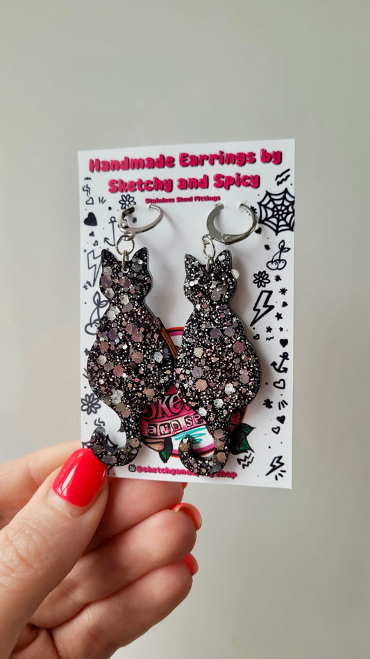 Silver Glitter Cat Earrings – Handmade Resin with Stainless Steel Leverback Hoops | Sketchy & Spicy