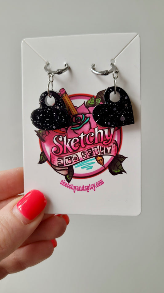 Black Glitter Heart Earrings – Gothic Resin with Stainless Steel Leverback Hoops | Handmade by Sketchy & Spicy