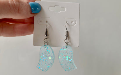 Pastel Blue Glitter Ghost Earrings – Handmade Resin with Sparkle | Sketchy & Spicy