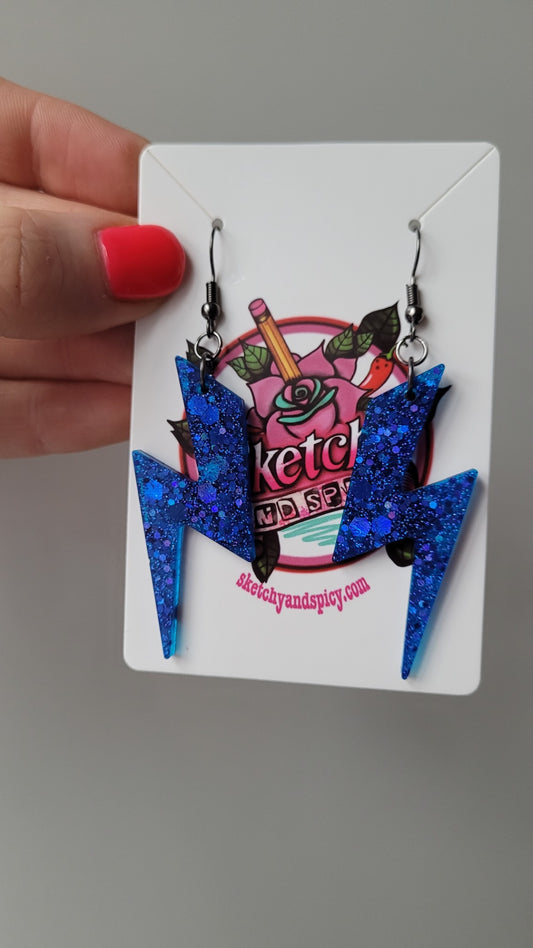 Electric Blue Lightning Bolt Earrings – Bold Resin with Glitter & Gunmetal Hooks | Sketchy & Spicy
