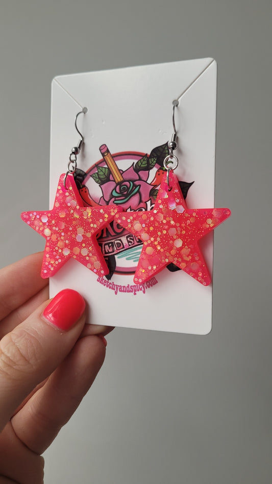 Hot Pink Star Earrings – Bold Resin with Holographic Chunky Glitter | Sketchy & Spicy