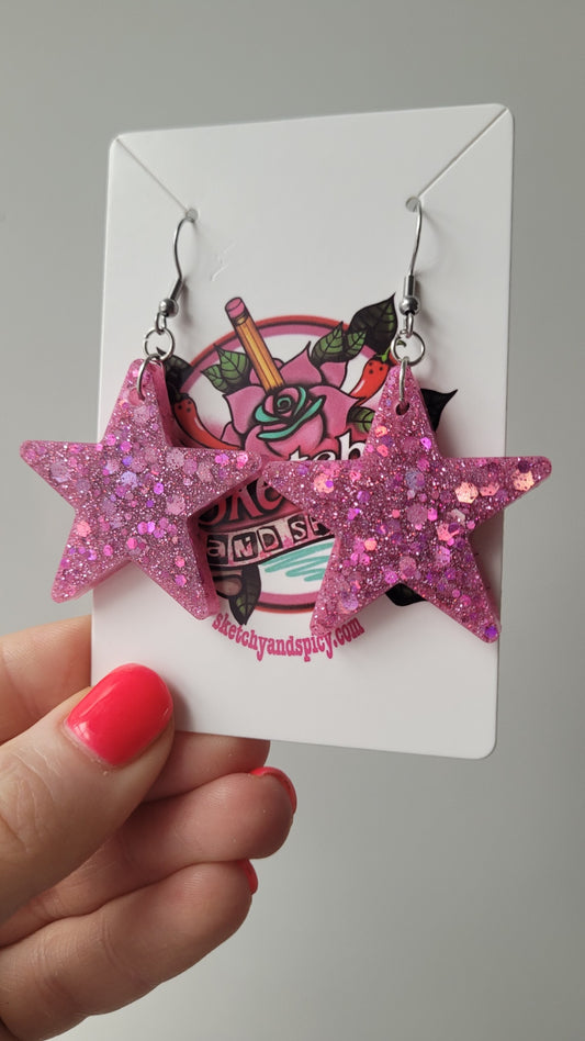 Pink Glitter Star Earrings – Handmade Resin with Chunky Sparkle | Sketchy & Spicy