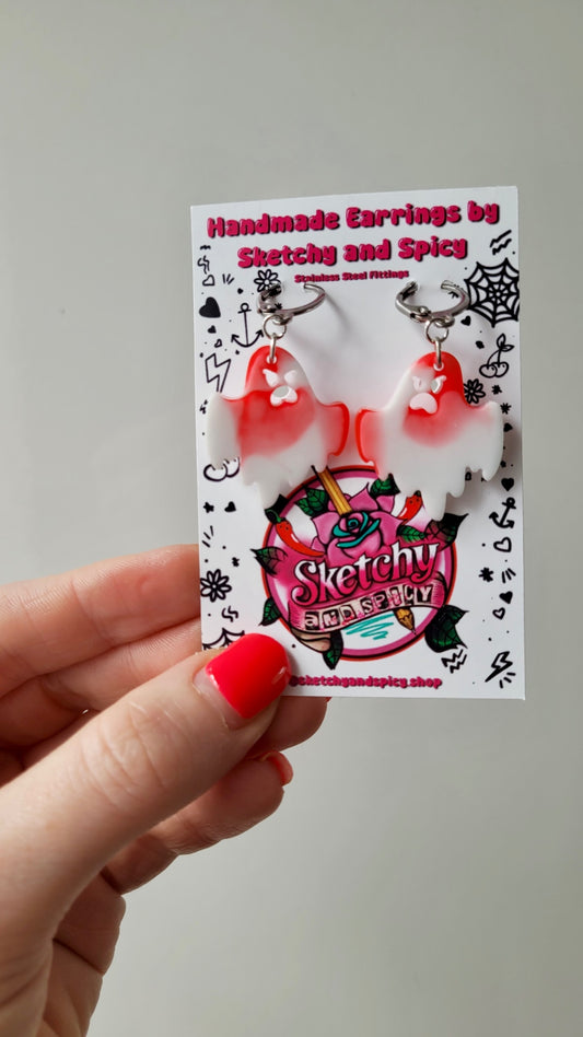 Angry Ghost Earrings – Red & White Resin with Stainless Steel Leverback Hoops | Handmade by Sketchy & Spicy