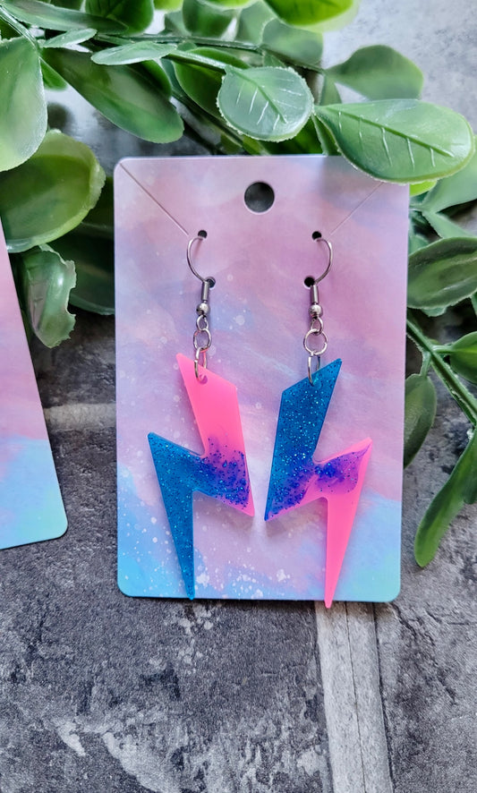 Pink & Blue Lightning Bolt Earrings – Handmade Resin with Glitter | Sketchy & Spicy