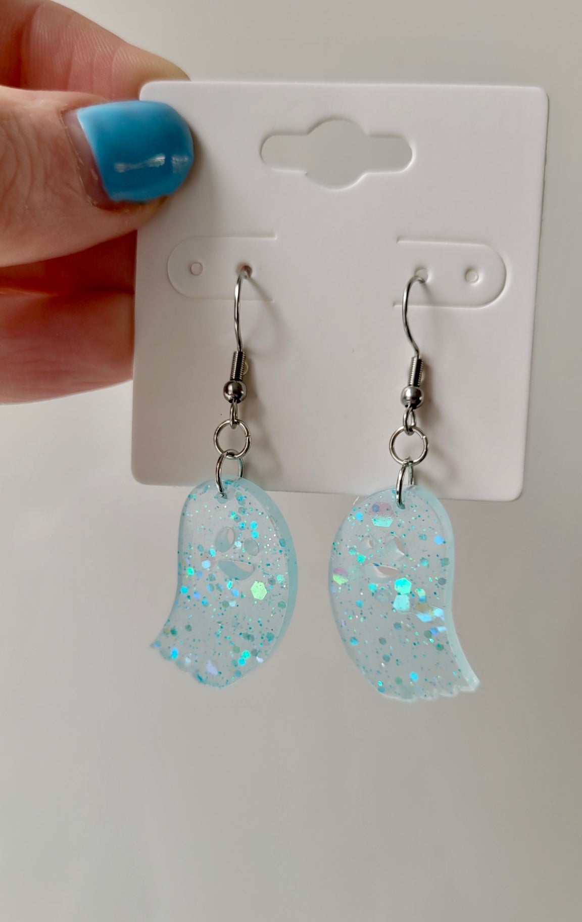 Pastel Blue Glitter Ghost Earrings – Handmade Resin with Sparkle | Sketchy & Spicy
