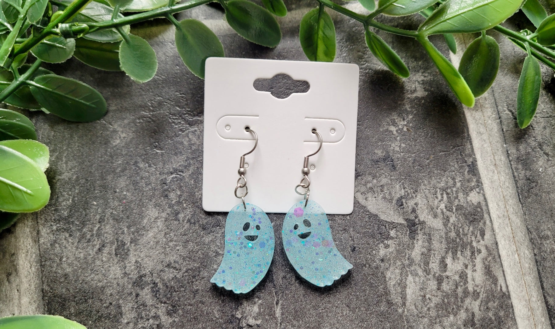 Pastel Blue Glitter Ghost Earrings – Handmade Resin with Sparkle | Sketchy & Spicy