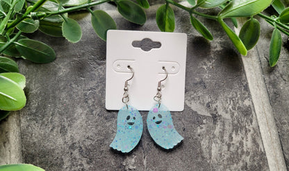 Pastel Blue Glitter Ghost Earrings – Handmade Resin with Sparkle | Sketchy & Spicy