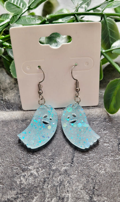 Pastel Blue Glitter Ghost Earrings – Handmade Resin with Sparkle | Sketchy & Spicy