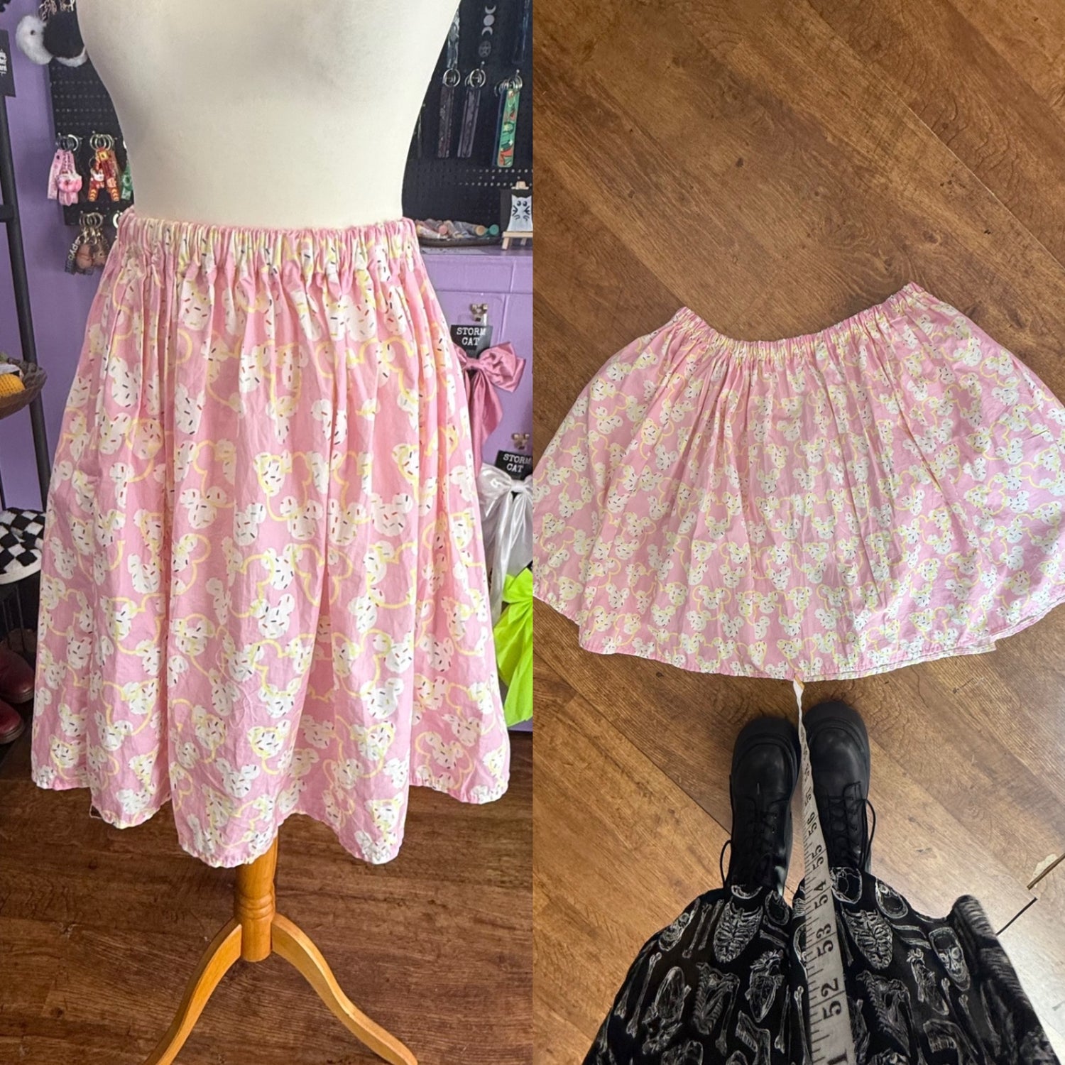 Reworked Disney pattern pink circle skirt with pockets free size XL
