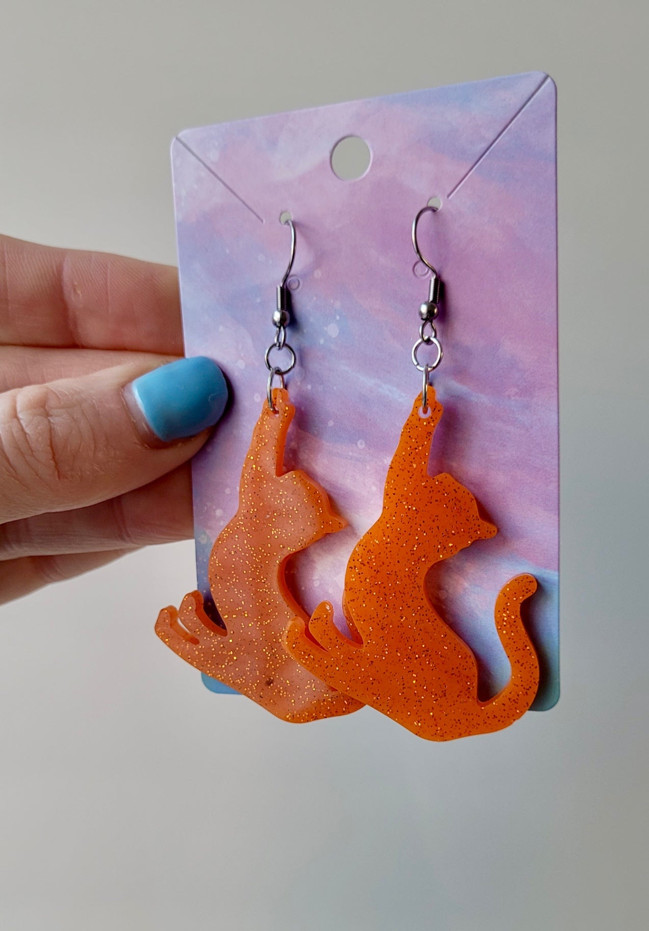 Orange Glitter Cat Earrings – Handmade Resin with Stainless Steel Hooks | Sketchy & Spicy