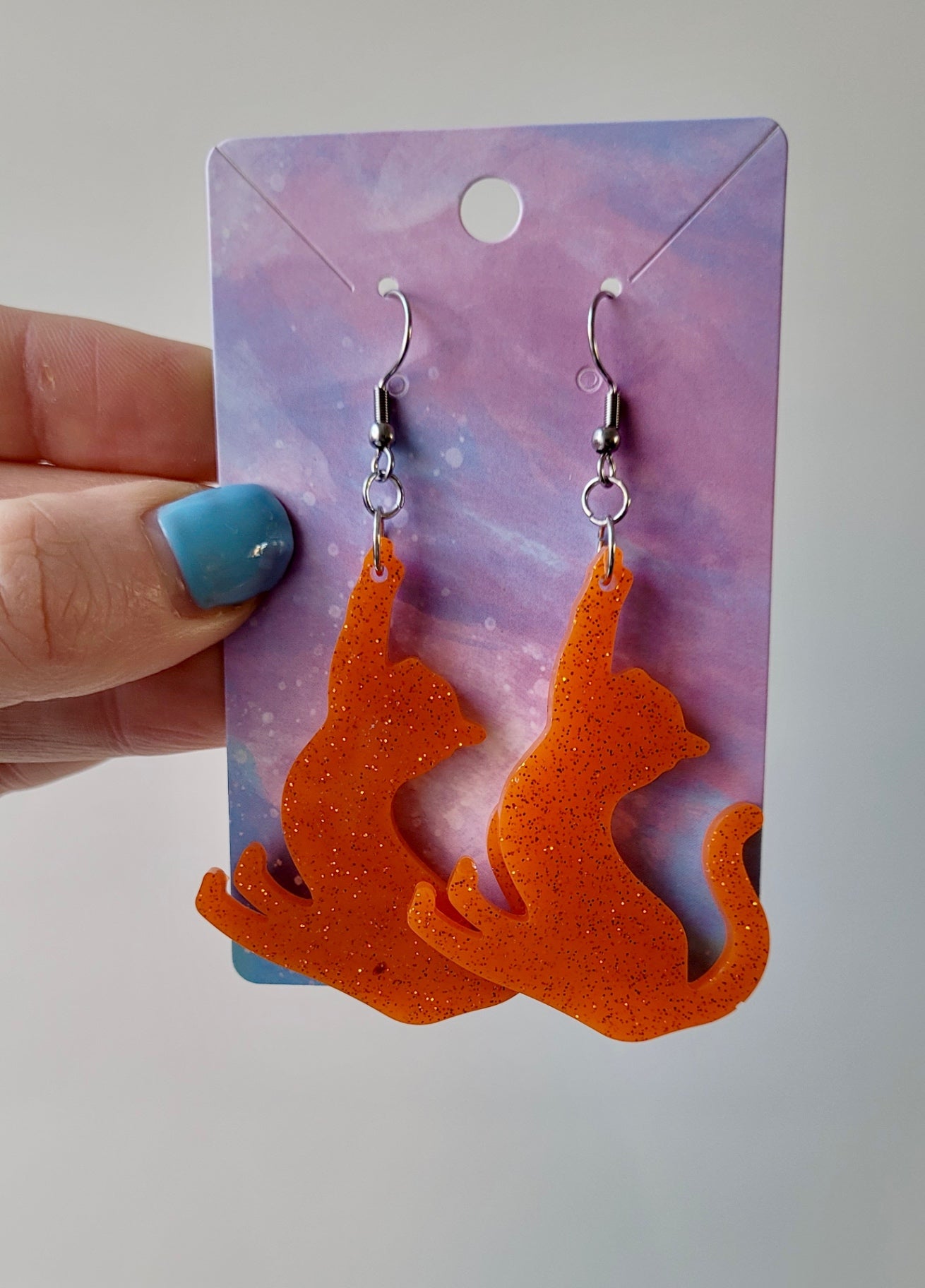 Orange Glitter Cat Earrings – Handmade Resin with Stainless Steel Hooks | Sketchy & Spicy