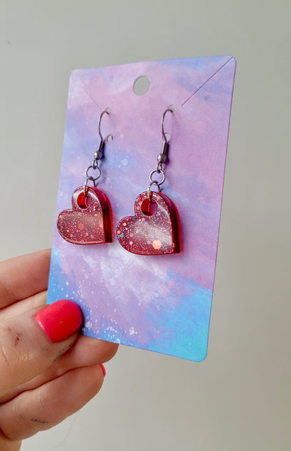 Red Glitter Heart Earrings – Handmade Resin with Stainless Steel Hooks | Sketchy & Spicy
