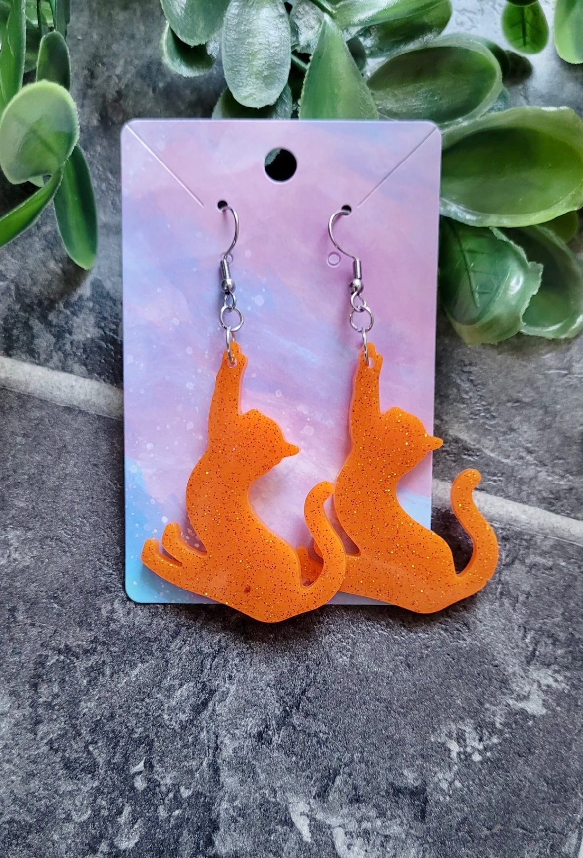 Orange Glitter Cat Earrings – Handmade Resin with Stainless Steel Hooks | Sketchy & Spicy