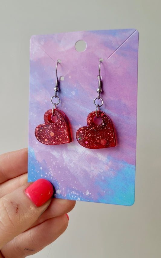 Red Glitter Heart Earrings – Handmade Resin with Stainless Steel Hooks | Sketchy & Spicy