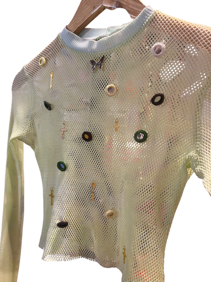 Green Embellished Mesh Top 