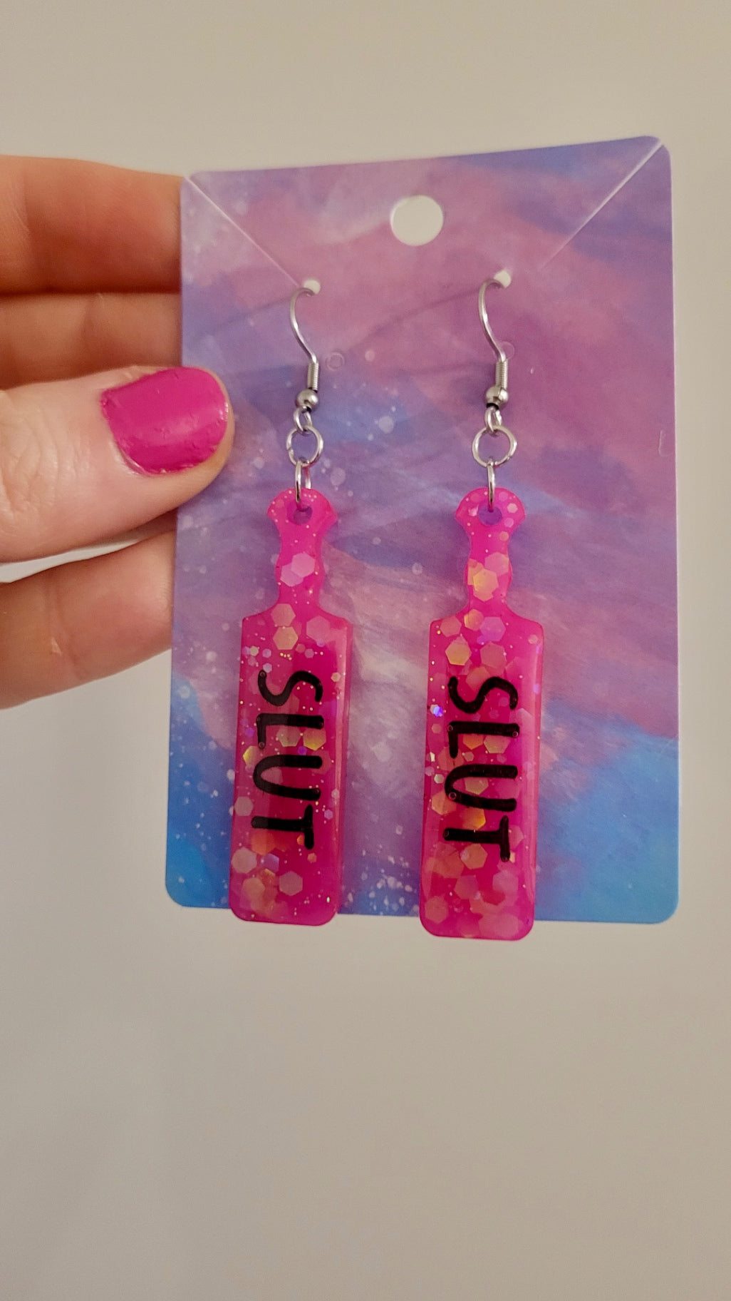 Hot Pink Glitter Paddle Earrings – ‘SLUT’ Text – Bold Resin Alt Jewellery