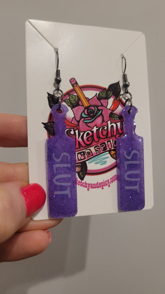 Purple Glitter Paddle Earrings – Handmade Resin with “SLUT” Text | Sketchy & Spicy